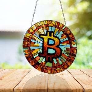 May include: A stained glass window hanging from a silver chain, featuring a large, stylized Bitcoin symbol in the center. The symbol is surrounded by a circular design of smaller Bitcoin symbols and colorful geometric shapes.