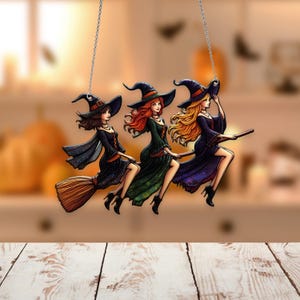 Three Witches On Broomsticks Acrylic Window Hanging, Witches Halloween Window Hanigng, Halloween Home Decor