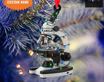 Custom Name Microscope Christmas Ornament – Biology Lab Ornament with Holiday Lights, 2D Flat Acrylic Decoration