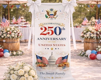 Pancarta de lino personalizada del 250 aniversario de Estados Unidos, telón de fondo para fiesta patriótica estadounidense.