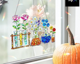 Floral Laboratory Vase Hologram, Flower Beakers Acrylic Window Hanging, Gift For Flower Lover