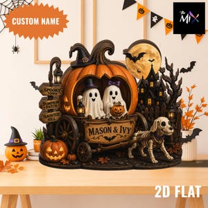 May include: A decorative Halloween display featuring a large carved pumpkin carriage containing two ghost figures, one holding a lantern and one a small pumpkin. A skeleton dog stands in front, with a haunted house, moon, and signs reading Spooky Town, Pumpkin Patch, and Haunted Hill. The carriage is personalized with the text Mason & Ivy.