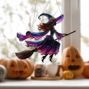 ほうきに乗った魔女のアクリル製窓飾り、魔女のハロウィンデコレーション、魔女風の窓飾り、彼女へのハロウィンギフト
