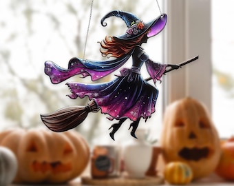 Witch on Broom Acrylic Window Hanging, Witch Halloween Decorations, Witchy Window Hanging, Halloween Gifts for Her