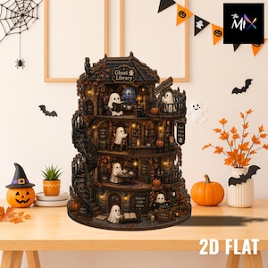 May include: A multi-level miniature Ghost Library building featuring dark wood architecture, spiral staircases, and illuminated interior rooms. Several white ghost figures are positioned throughout the structure, which includes signs reading Ghost Library, Books Are Magic, and Welcome Little Ghosts.