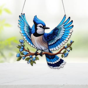 Blue Jay acryl raamdecoratie, Blue Jay raamdecoratie, woondecoratie vogel, cadeau voor vogelliefhebber, cadeau voor moeder