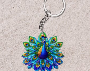 Llavero acrílico de pavo real, accesorio de pájaro de doble cara