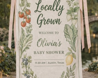 Locally Grown Baby Shower Welcome Sign, Linen Garden Party Decor