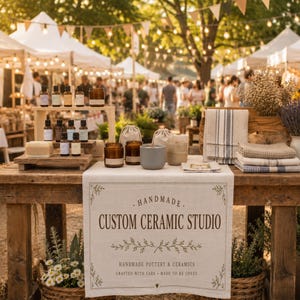 May include: A display of handmade ceramic products at an outdoor market. The table features candles, essential oils, soaps, and towels. A sign reads "HANDMADE. CUSTOM CERAMIC STUDIO." Baskets of flowers and greenery add to the rustic aesthetic.