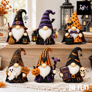 Pode incluir: Seis gnomos decorativos de Halloween com barbas brancas, cada um usando um chapéu pontudo único. Eles seguram vários itens, incluindo uma vassoura, lanterna, poção, caldeirão, fantasma, abóbora, cajado, livro de feitiços e caveira, nas cores laranja, preto e roxo.
