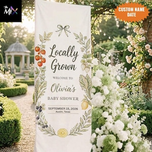 Letrero de bienvenida para baby shower con productos locales, decoración de lino para fiestas en el jardín. imagen 4