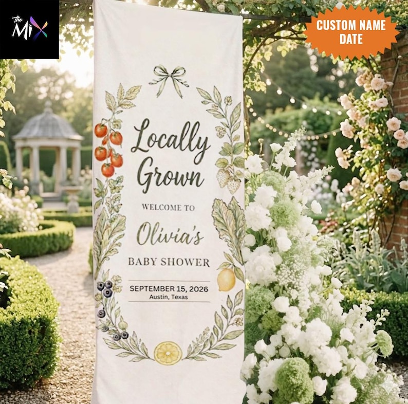 Letrero de bienvenida para baby shower con productos locales, decoración de lino para fiestas en el jardín. imagen 4