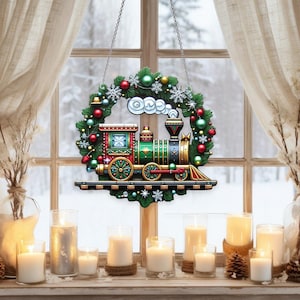 Tren navideño de acrílico para colgar en la ventana, decoración navideña para el hogar