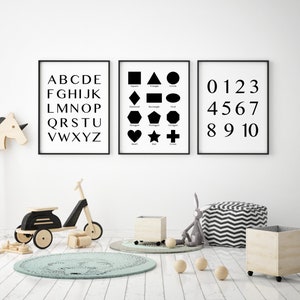 Schwarz weiss Lernposter: Alphabet, Zahlen, Formen (Digitaler Download)