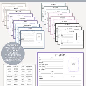 May include: Memory box cover pages and tabs in various colours. Includes cover pages for pregnancy, newborn, first year, toddler years, preschool, pre-K, kindergarten, and grades 1-12. Also includes tabs and bonus pages.