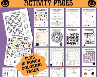 Può includere: Una raccolta di 20 pagine di attività stampabili di Halloween, tra cui labirinti, cruciverba e giochi di collegamento dei punti. Le pagine presentano elementi grafici a tema Halloween come zucche, fantasmi e pipistrelli. Include 10 pagine da colorare bonus.