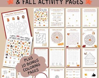 Könnte beinhalten: Eine Sammlung von 20 druckbaren Thanksgiving- und Herbst-Aktivitätsseiten, darunter Labyrinthe, Wortsuchrätsel und Malvorlagen. Die Seiten zeigen herbstliche Illustrationen und Texte wie "I Spy" und "Follow the Paths". Plus 10 Bonus-Malvorlagen.