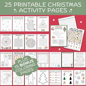 May include: A set of 25 printable Christmas activity pages, featuring mazes, word searches, and colouring pages. Designs include snowmen, reindeer, and Christmas trees. Includes 15 bonus colouring pages.