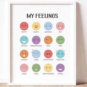 Tabla de sentimientos de arcoíris, impresión de emociones, arte mural imprimible, decoración Montessori para la educación en casa, descarga digital de decoración para el aula "OK to Feel Rainbow"
