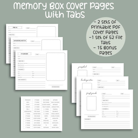 Memory Box Cover Pages & Tabs | School Year Milestone Printable Pages | Baby Keepsake File Box | School Questionnaire | File Box Cover Pages