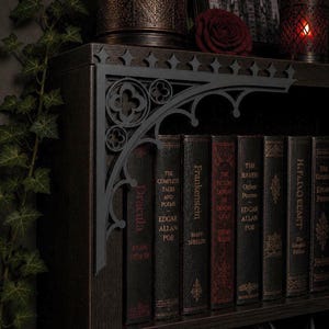 May include: A dark wooden bookshelf with gothic-style metal brackets. The shelf holds antique books with titles like "Dracula" and "Frankenstein." A decorative gargoyle statue sits on the bottom shelf, and ivy adds a touch of greenery.