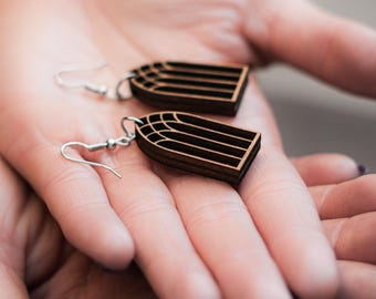 Cathedral Window Earrings – Stained Wood Gothic Arch Dangles for Alternative Fashion & Unique Statement Jewelry