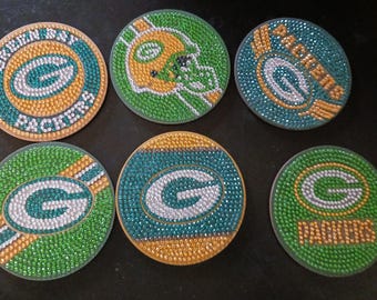 Posavasos de los Green Bay Packers: Arte de diamantes hecho a mano, juego de 6