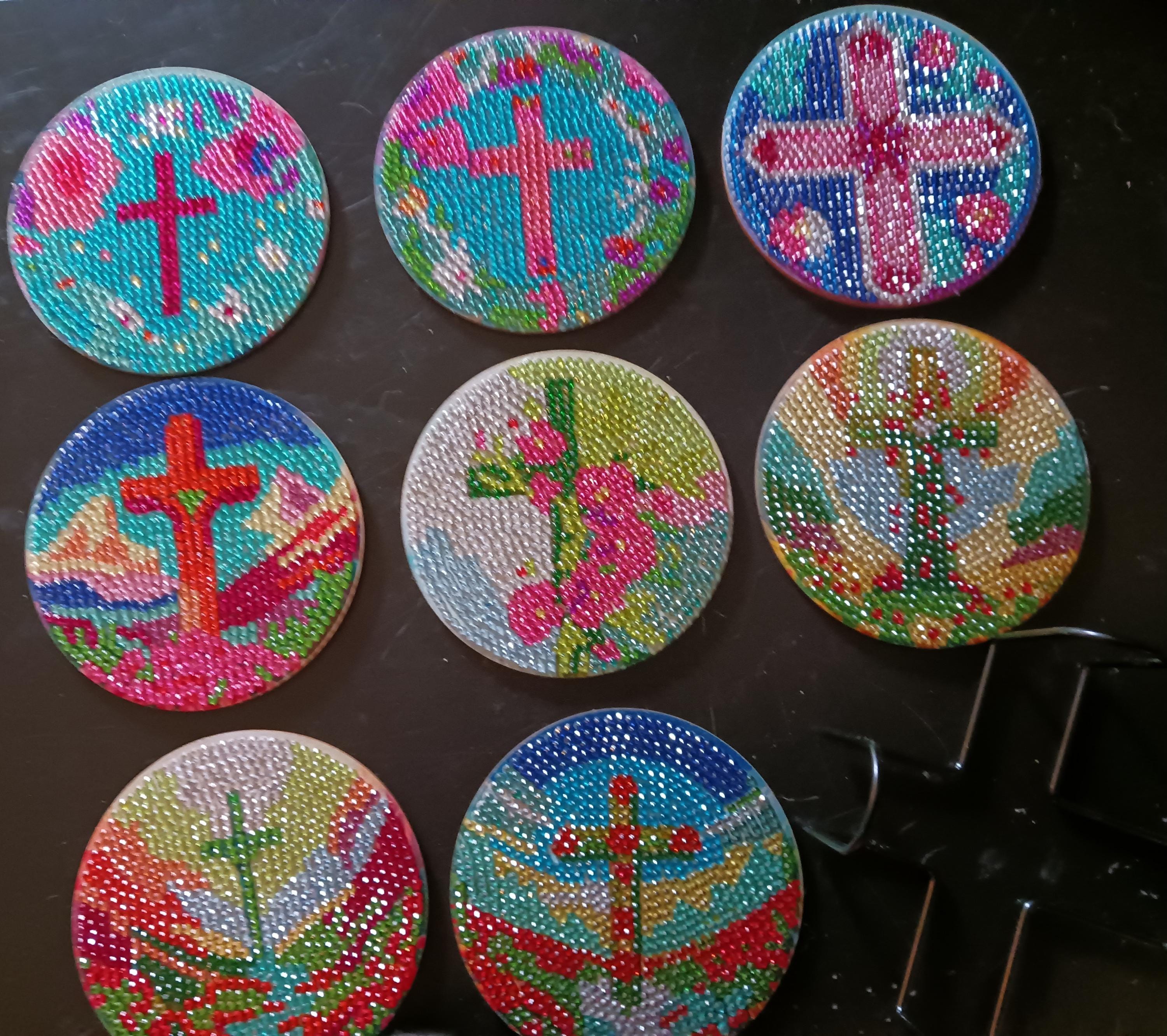 Kit de posavasos con pintura de diamante de cruz religiosa (8 piezas, caballete y obras selladas)