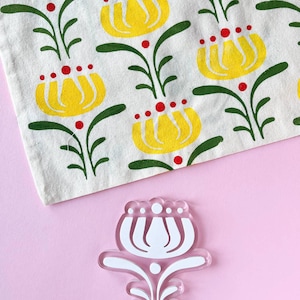 Vintage retro kwiatowy stempel do świeżych toreb targowych, Nowoczesny geometryczny wzór kwiatowy, stempel tulipanowy do drukowania na tkaninie, ekologiczne opakowanie biznesowe