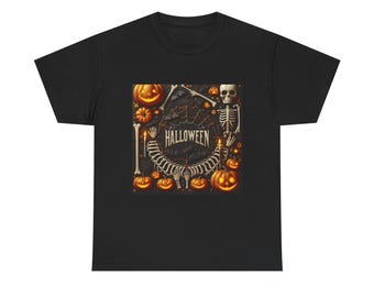 Halloween Skeleton and Pumpkin Graphic Tee: Spooky Unisex Cotton T-Shirt