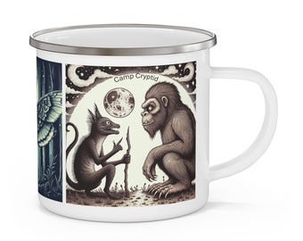 Camp Cryptid Enamel Camping Mug: Bigfoot, Chupacabra, Mothman Having an Outdoor Adventure