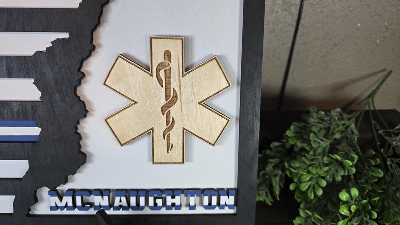 May include: A wooden framed sign with a black and white striped background. The sign features a wooden Star of Life with a snake and rod symbol. The name "MCNAUGHTON" is displayed in blue letters at the bottom of the sign.