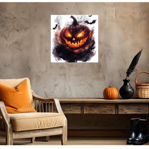 Evil Jack-O’-Lantern Canvas (Image #2) – Creepy Halloween Pumpkin Wall Art with Bats & Smoke | 16x16″ Gothic Decor