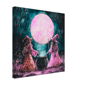 Moonlit Witches – Pink Edition | Whimsical Halloween Wall Art |12x12 &  16x16″ Canvas Print