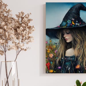 Bruja de flores silvestres n.° 1: Arte mural de fantasía boho / Impresión en lienzo de bruja floral de 45,7 x 61 cm / Estética cottagecore