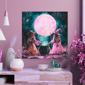 Moonlit Witches – Pink Edition | Whimsical Halloween Wall Art | 16x16″ Canvas Print