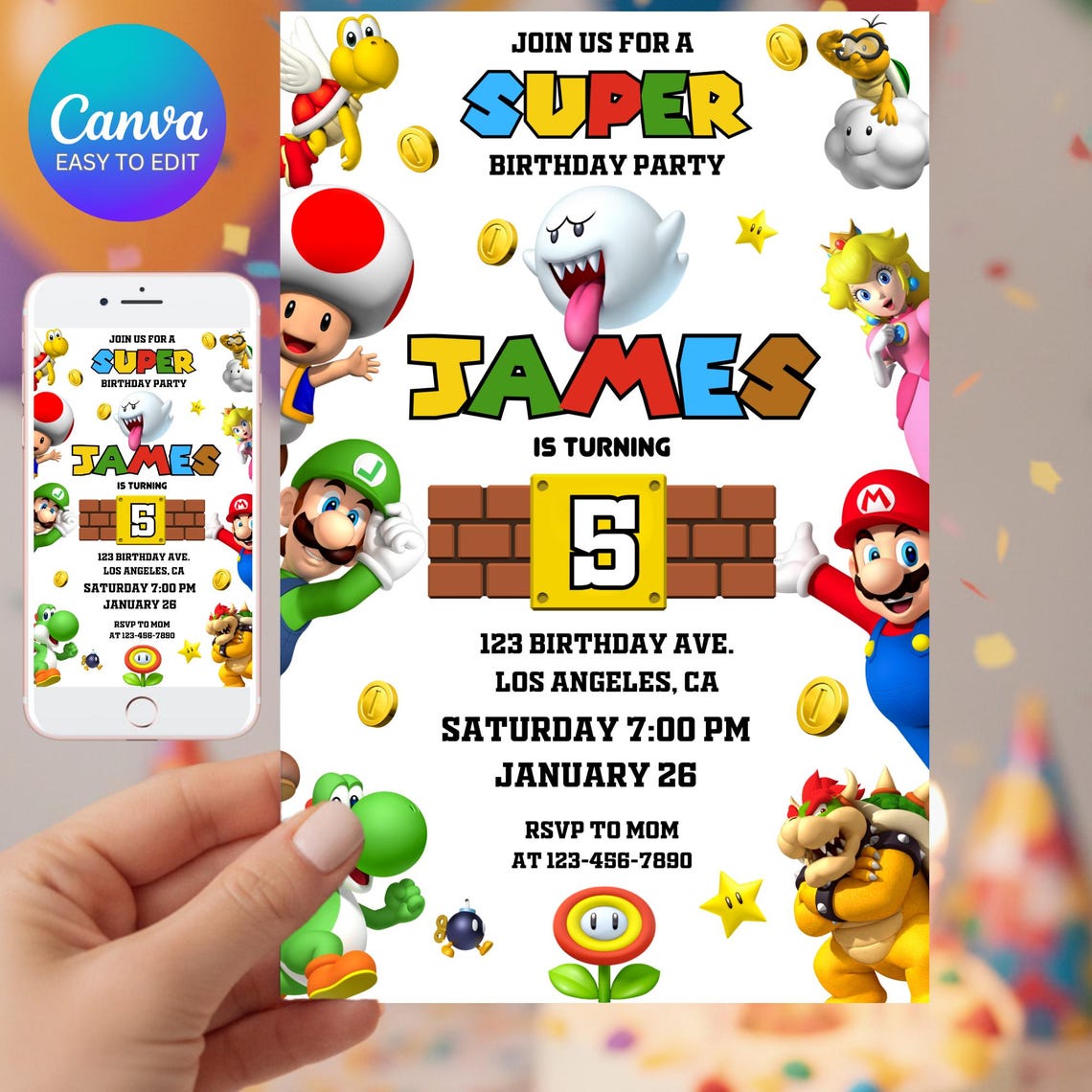 Editable Super Mario Invitation, Mario Bros Birthday Invitation ...