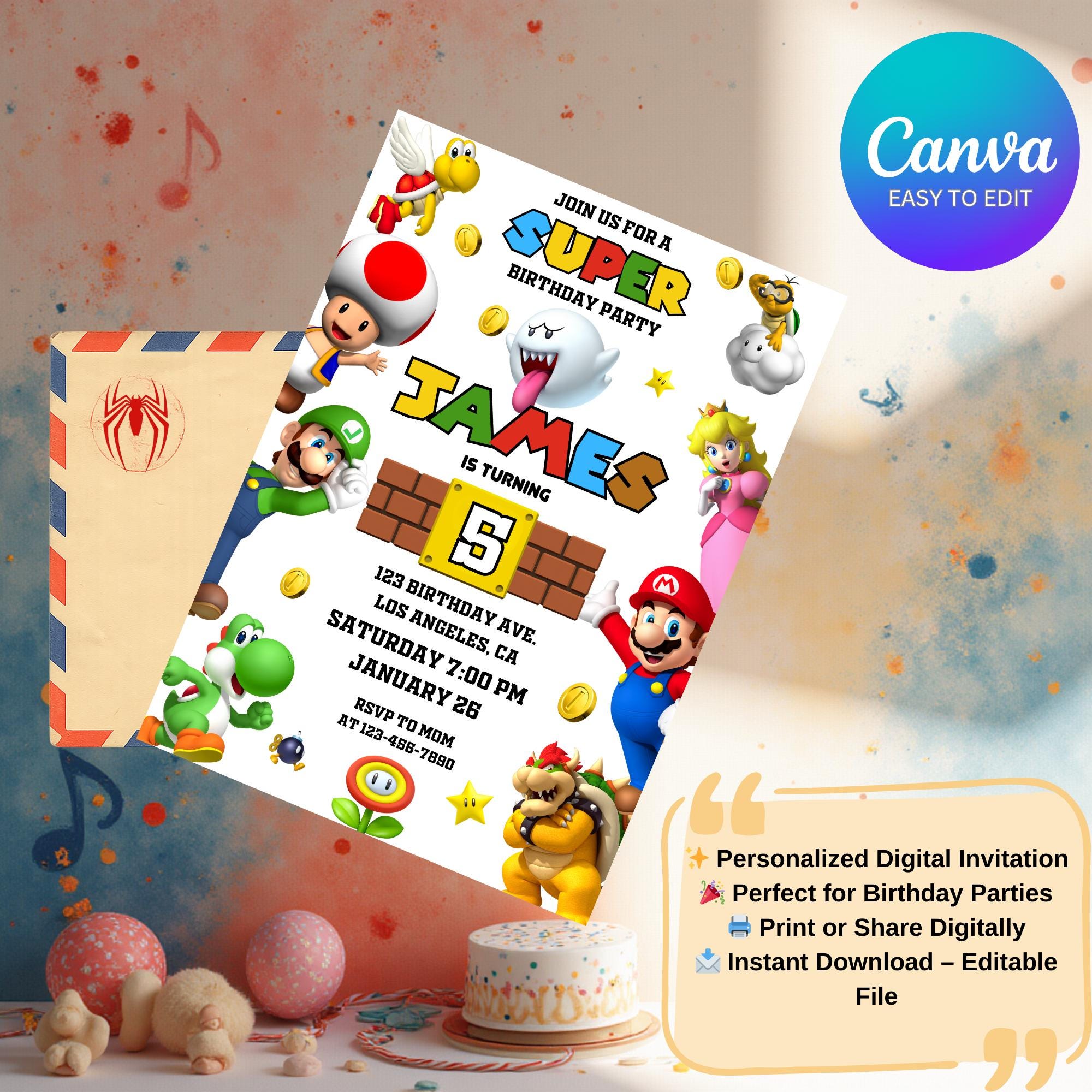 Editable Super Mario Invitation, Mario Bros Birthday Invitation ...