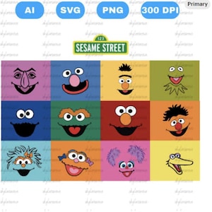 Puede incluir: Un gráfico colorido con las caras de los personajes de Barrio Sésamo en un patrón de cuadrícula. El letrero de Barrio Sésamo está en la parte superior. La imagen incluye las palabras "AI", "SVG", "PNG" y "300 DPI".