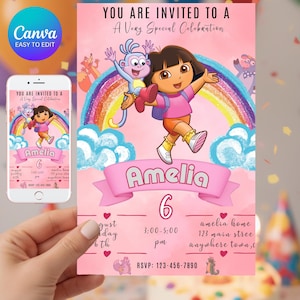 Op de afbeelding: Een roze verjaardagsfeestuitnodiging met Dora de Explorer en Boots, met een regenboog en wolken. De uitnodiging bevat de naam "Amelia" en het nummer "6", samen met evenementdetails en RSVP-informatie.