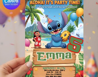 Lilo And Stitch Birthday Invite, Stitch Birthday Invitation, Stitch Birthday Party Invitation Template, Kids Birthday Invitation,(5x7")