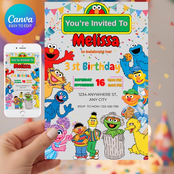 Sesame Street Birthday Invitation|Cute Birthday Invite|Kids Birthday Invitation|Birthday Template|Cute Birthday Party|Canva Template (5x7")