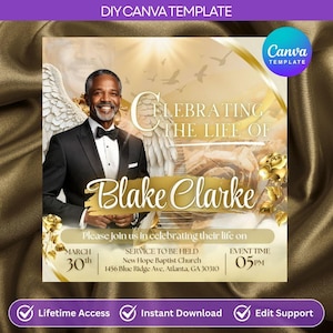 Elegant Funeral Announcement Obituary Template, Digital Memorial Invitation Program, Editable Download for Loss of a Father, Gold color