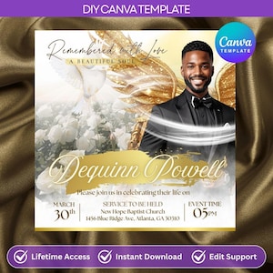 Funeral Invitation in Gold for Him, Obituary Invitation Template,  Digital Memorial Invitation Program, instant Download