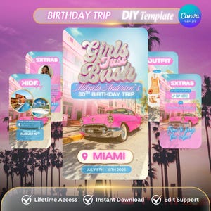 Birthday Trip Itnerary Miami Edition,Digital Itinerary template, Pink Retro Girls Weekend Invite, Canva Template, Instant Download,