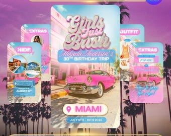 Geburtstagsreise Reiseplan, Geburtstagsausflug, Digitale Reiseplanvorlage, Rosa Retro Mädchen Wochenende einladen, Canva Vorlage, Sofort Download,