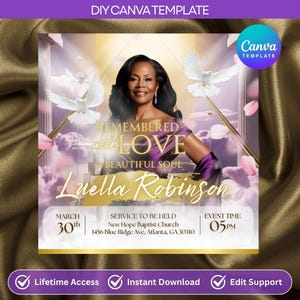 Invito commemorativo "Riposa in pace", annuncio funebre viola, programma necrologio, download digitale modificabile, download immediato per i propri cari