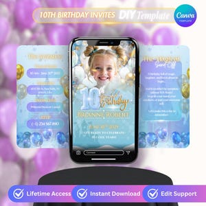 Convite editável de aniversário Frozen, convite de aniversário Bluey, convite para brunch de 10 anos, cartão de aniversário, tema princesa roxo azul