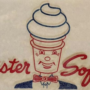 May include: A vintage Mister Softee ice cream cone logo with a red and blue color scheme. The cone is wearing a bow tie and has a smiling face.