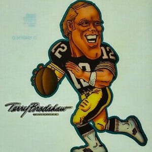 May include: A cartoon illustration of a football player wearing a black and gold uniform with the number "12" on the front and back. The player is holding a football and running. The player's name, "Terry Bradshaw", is written in cursive below the image.